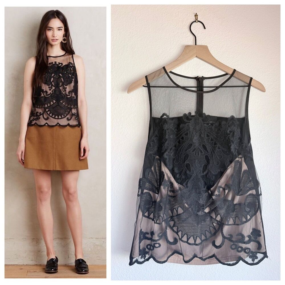 Anthropologie Greylin Black Lace Mesh Applique Sleeveless Top Blouse Size M Flaw